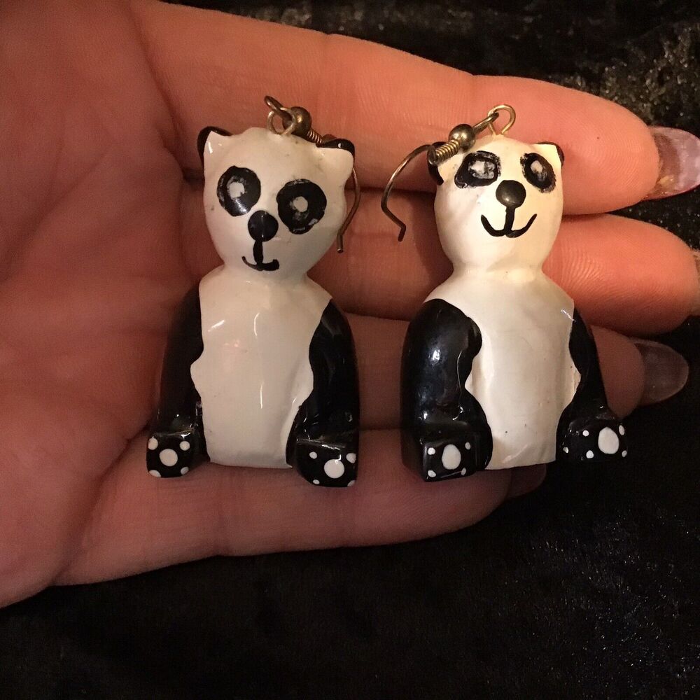 Hand Painted Panda Bear Dangle Drop Earrings Womens Jewelry Endangered Animal